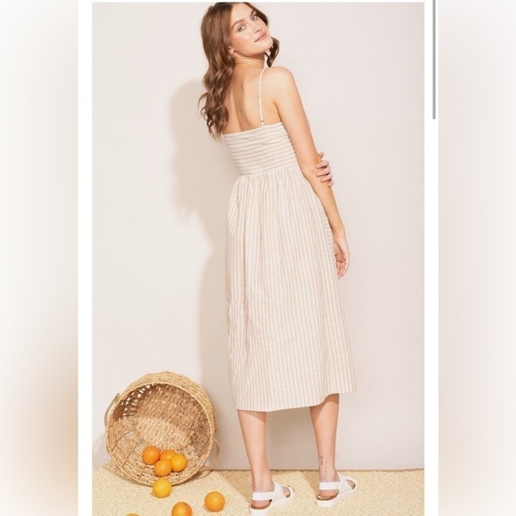 Pink Martini The Selena midi Dress in Beige stripes spaghetti straps size L - Picture 3 of 12